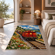 Red Caboose Rug in a bedroom with an arched window