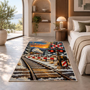 Railroad Crossing Rug in a bedroom with an arched window