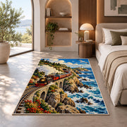 Coastal Train Rug in a bedroom with an arched window