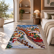 Christmas Village Train Rug in a bedroom with an arched window