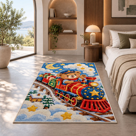 Teddy Bear Train Rug in a bedroom with an arched window