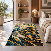 Art Deco Train Rug in a bedroom with an arched window