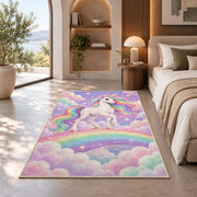 white unicorn on a rainbow rug in a bedroom with an arched window