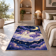unicorn sleeping on a cloud rug in a bedroom with an arched window