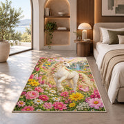 unicorn in a flower garden rug in a bedroom with an arched window