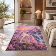 unicorn before a fairytale castle rug in a bedroom with an arched window