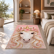 unicorn face with flower crown rug in a bedroom with an arched window