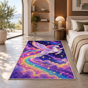 winged unicorn flying through stars rug in a bedroom with an arched window