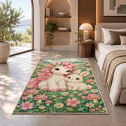 baby unicorn and bunny friend rug in a bedroom with an arched window