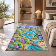 unicorn land map rug in a bedroom with an arched window