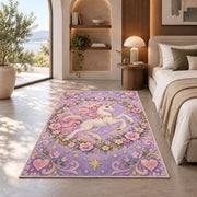 leaping unicorn in a floral wreath rug in a bedroom with an arched window
