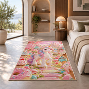 unicorn in a candy garden rug in a bedroom with an arched window
