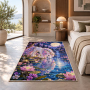 unicorn drinking at a moonlit lake rug in a bedroom with an arched window