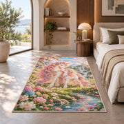 mother and baby unicorn rug in a bedroom with an arched window