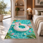 unicorn pool float rug in a bedroom with an arched window