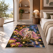 unicorn in an enchanted forest rug in a bedroom with an arched window