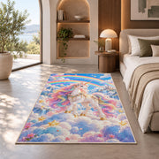 unicorn on clouds with double rainbow rug in a bedroom with an arched window