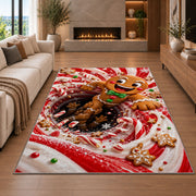 A cheerful gingerbread figure with a green bow pops out of a bold peppermint spiral; rug shown in a neutral living room with size label