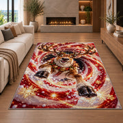 A smiling reindeer with a bell collar emerges from sweeping red and golden spiral rings; rug shown in a neutral living room with size label
