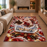 Santa reaches out from a sparkling snow globe containing a miniature snowy village; rug shown in a neutral living room with size label