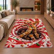 A friendly gingerbread figure steps out of a swirling cookie-filled tunnel; rug shown in a neutral living room with size label