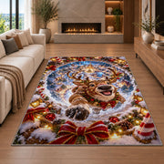 A smiling reindeer emerges from a blue snow spiral surrounded by golden lights and snowy branches; rug shown in a neutral living room with size label