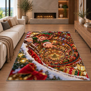 A smiling elf leans over a sweeping spiral of glowing toys and wrapped presents; rug shown in a neutral living room with size label