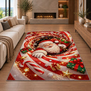 Santa peeks out of a sparkling candy cane spiral with a white-gloved hand resting in front; rug shown in a neutral living room with size label