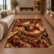 A decorative nutcracker soldier in an ornate red and blue uniform holds a golden sword within glowing spiral rings; rug shown in a neutral living room with size label