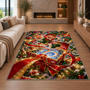 A cheerful elf rises above an open gift box spilling a blue and golden swirl; rug shown in a neutral living room with size label
