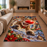 A playful reindeer with a bright red nose leaps forward above a snowy blue village; rug shown in a neutral living room with size label