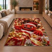 A friendly red furry monster wearing a Santa hat reaches through a glowing spiral of presents; rug shown in a neutral living room with size label