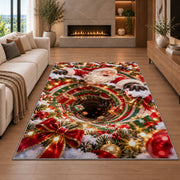 Santa appears above a deep red and green spiral edged with glowing golden lights; rug shown in a neutral living room with size label