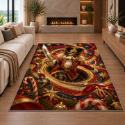 A red-uniformed nutcracker soldier holds a shining sword as it emerges from a golden spiral; rug shown in a neutral living room with size label