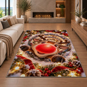 A cheerful reindeer with a large red nose peeks through snowy rings of golden lights; rug shown in a neutral living room with size label