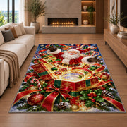Santa rises above an open present filled with glowing golden spiral rings; rug shown in a neutral living room with size label