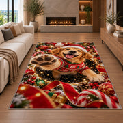 A happy golden puppy in a Santa hat and red sweater raises a soft paw toward the viewer; rug shown in a neutral living room with size label