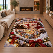 Santa reaches forward over a golden-lit winter village encircled by swirling snow; rug shown in a neutral living room with size label