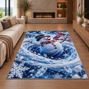 A smiling snowman in a black top hat and flowing red scarf stands within swirling snow; rug shown in a neutral living room with size label