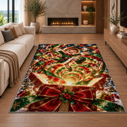 A smiling elf appears above a glowing gift box filled with green and golden swirls; rug shown in a neutral living room with size label