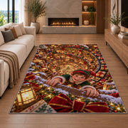Christmas Elf Toy Workshop Rug in a cozy living room