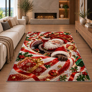 Santa Curved Candy Cane Christmas Rug in a cozy living room
