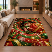 Christmas Elf Holding Gift Rug in a cozy living room