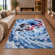Snowman Blue Snowflake Spiral Christmas Rug in a cozy living room