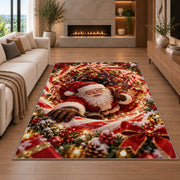 Santa Red Gold Christmas Spiral Rug in a cozy living room