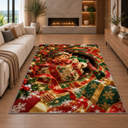 Christmas Elf Wrapped Present Rug in a cozy living room