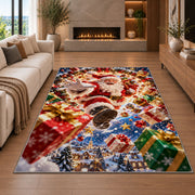 Santa Flying Presents Christmas Rug in a cozy living room