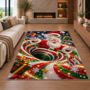 Santa Red Green Snow Spiral Christmas Rug in a cozy living room