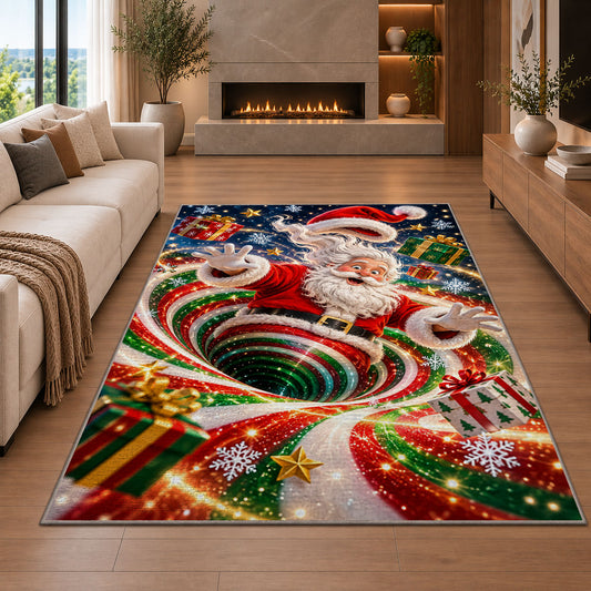 Santa Red Green Snow Spiral Christmas Rug in a cozy living room