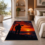 Soldier Salute Sunset rug in a bedroom with an arched window